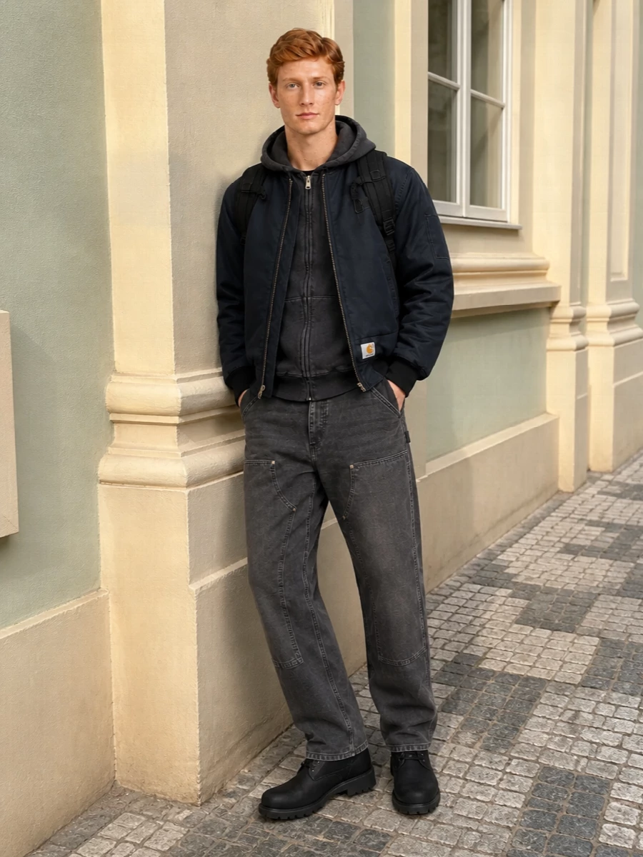 Carhartt bomber charcoal denim black timberland boots