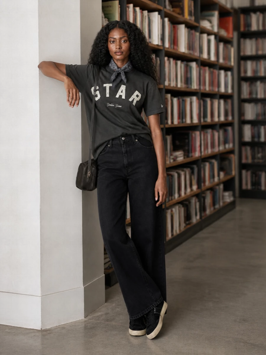 Golden goose graphic tee black wide leg jeans