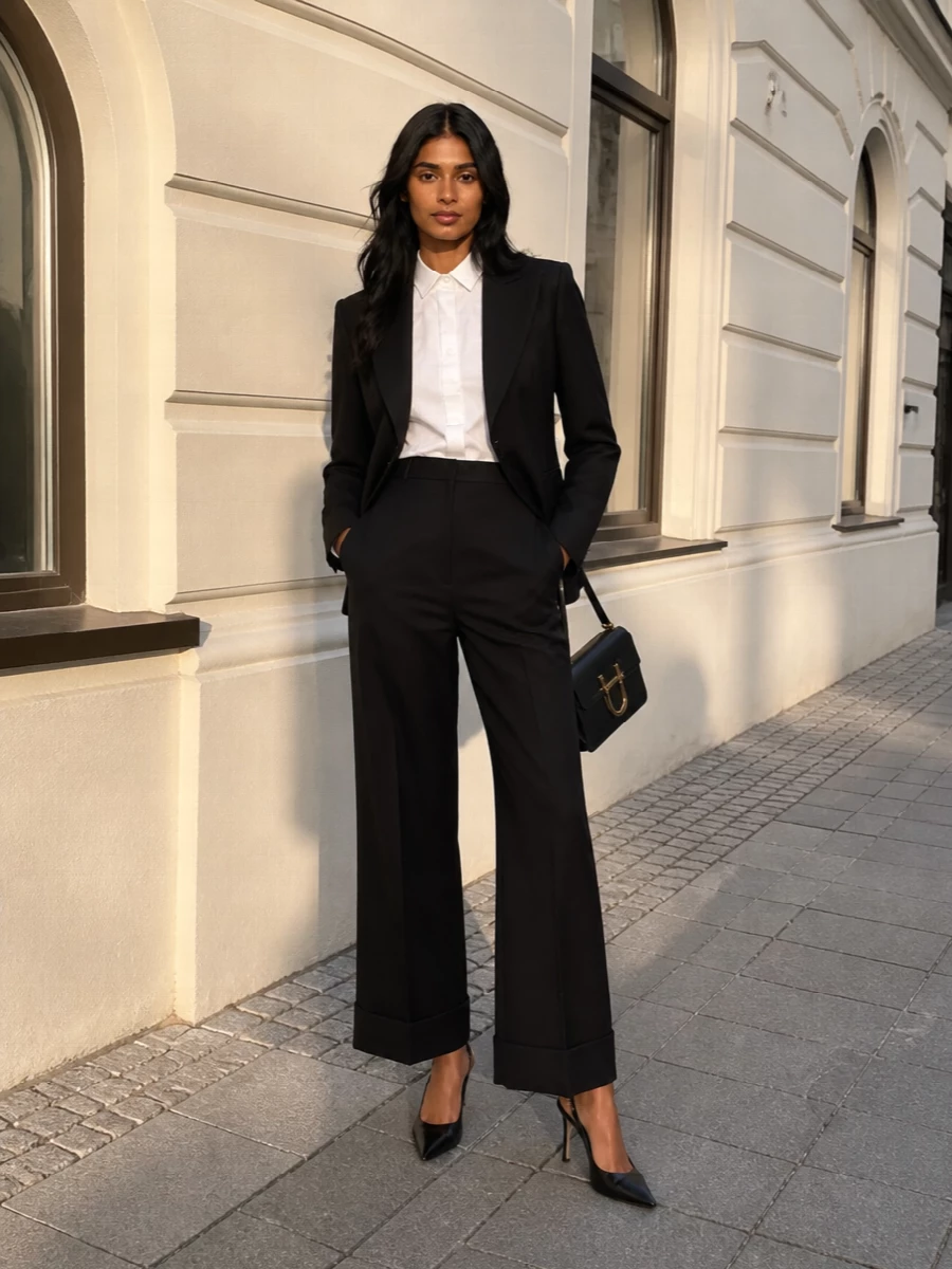 Gucci black blazer wide leg trousers outfit