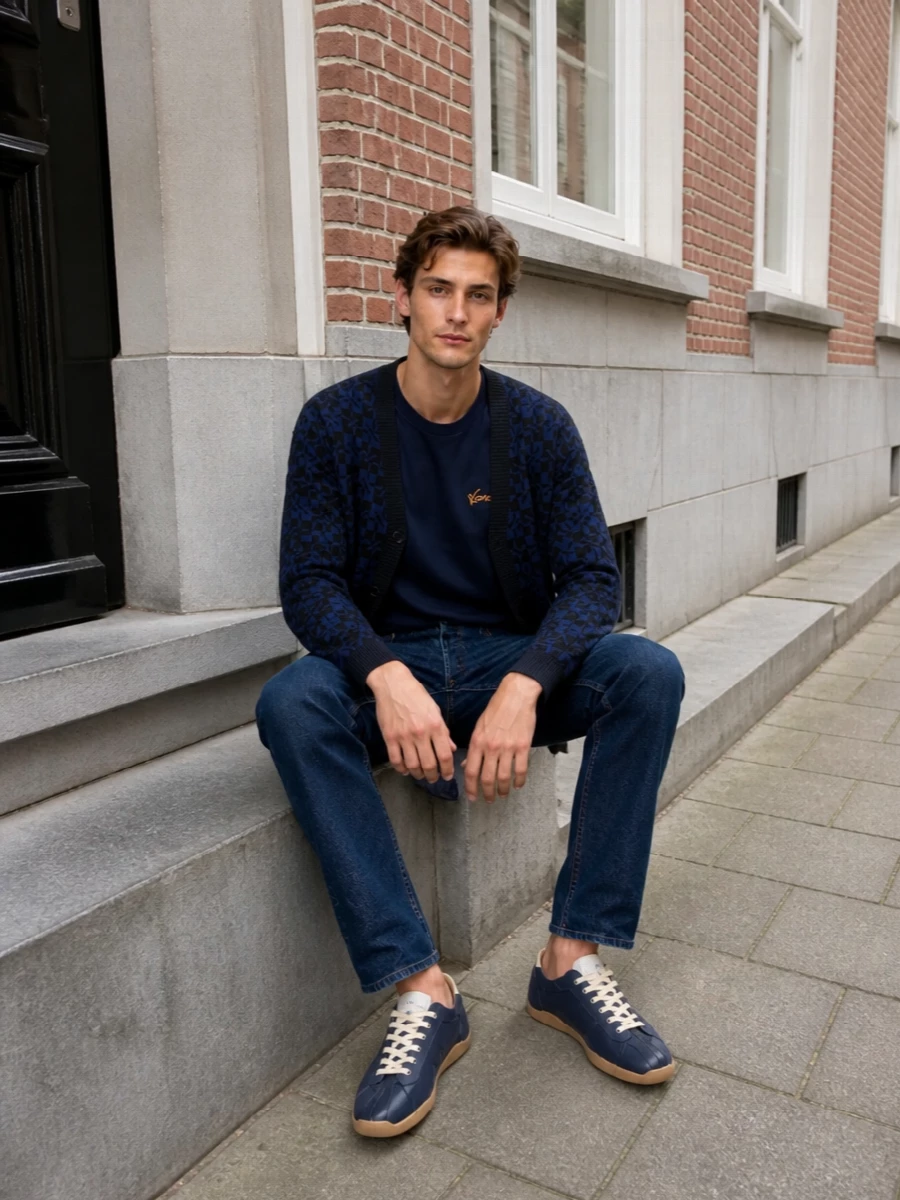 Kenzo navy cardigan dark jeans sneakers