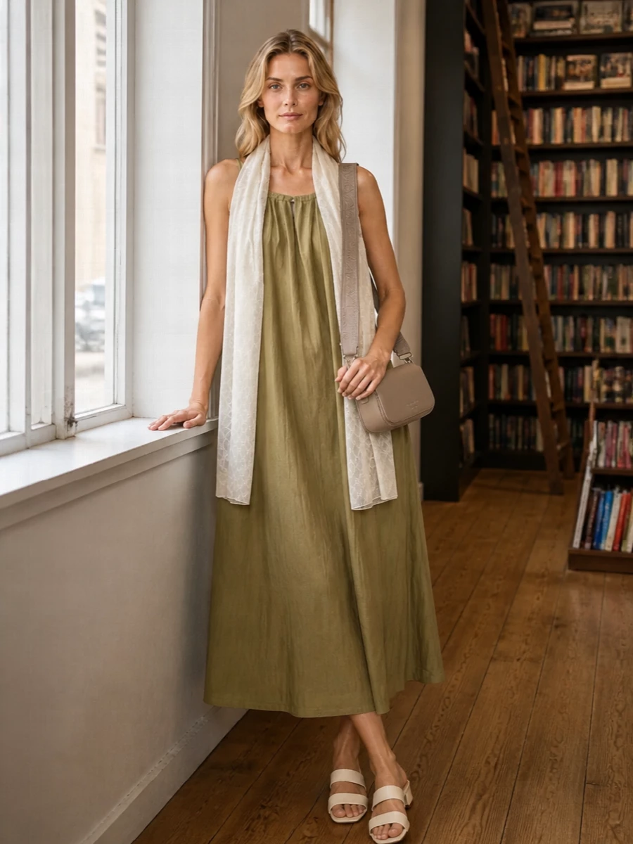 A crinkled olive-gold midi meets soft cream and taupe accents for a quietly refined warm-weather outfit. The low block-heel mules keep things relaxed yet polished, while the structured shoulder bag and gauzy scarf bring just enough definition and texture. It is an easy, understated combination for city days that can glide into low-key evenings with no changes needed.