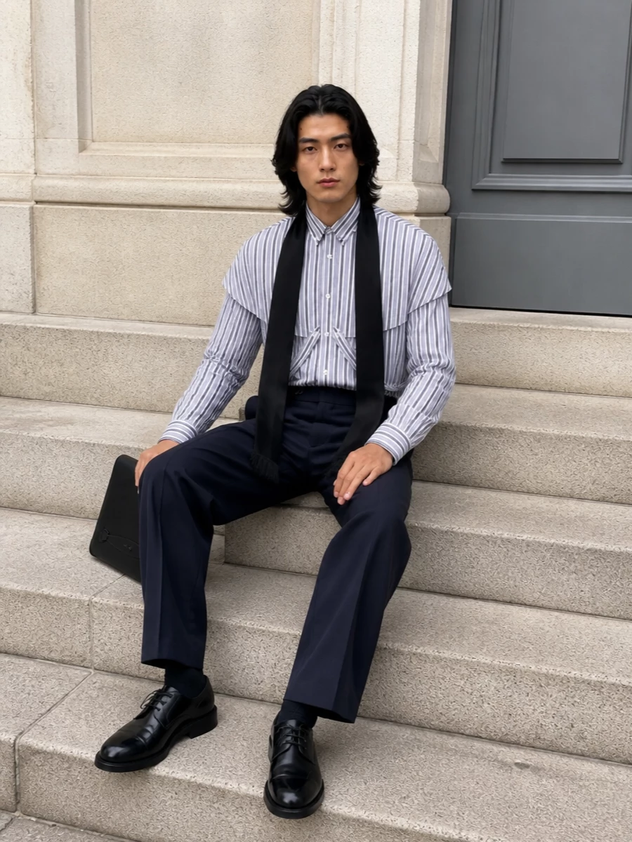 Dries van noten cape shirt wide trousers outfit