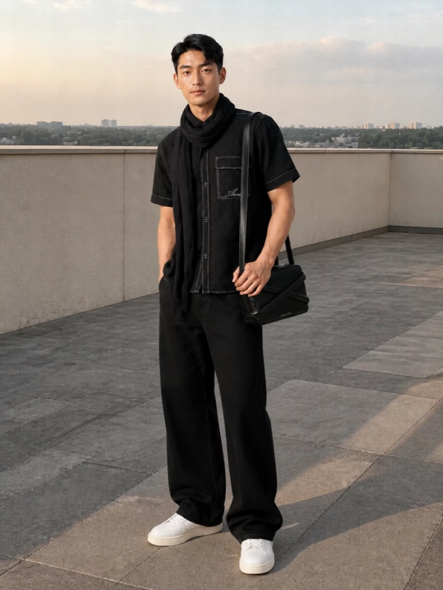 Amiri black shirt wide leg jeans white sneakers