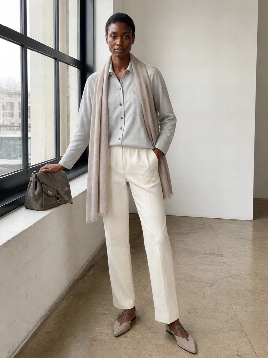 Fabiana filippi grey shirt ivory trousers outfit