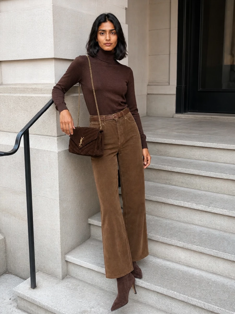 Saint laurent brown turtleneck wide leg jeans outfit