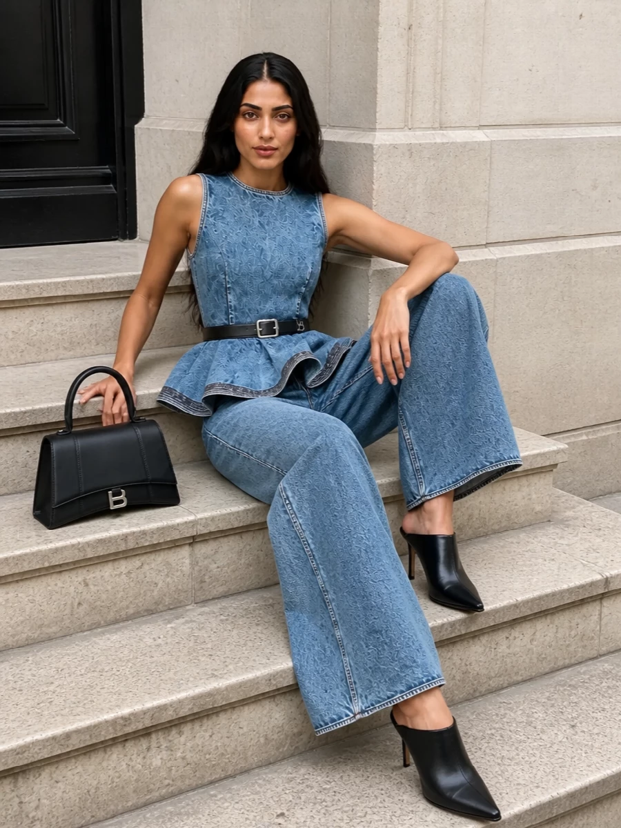 Alaia denim peplum top wide leg jeans outfit