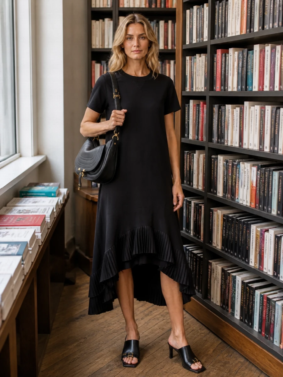 I chose the dress path so the outfit reads as a single black column in dialogue with the Chloé hobo rather than breaking it up with separate top and trouser volumes. Sacai’s pleated midi and Balenciaga’s sculpted mules create a refined, minimalist silhouette where subtle texture and movement do the work, while the gold hardware on bag and shoes quietly echo each other. The result is a warm-season city outfit that feels relaxed in structure but polished enough for late lunches that drift into evening.