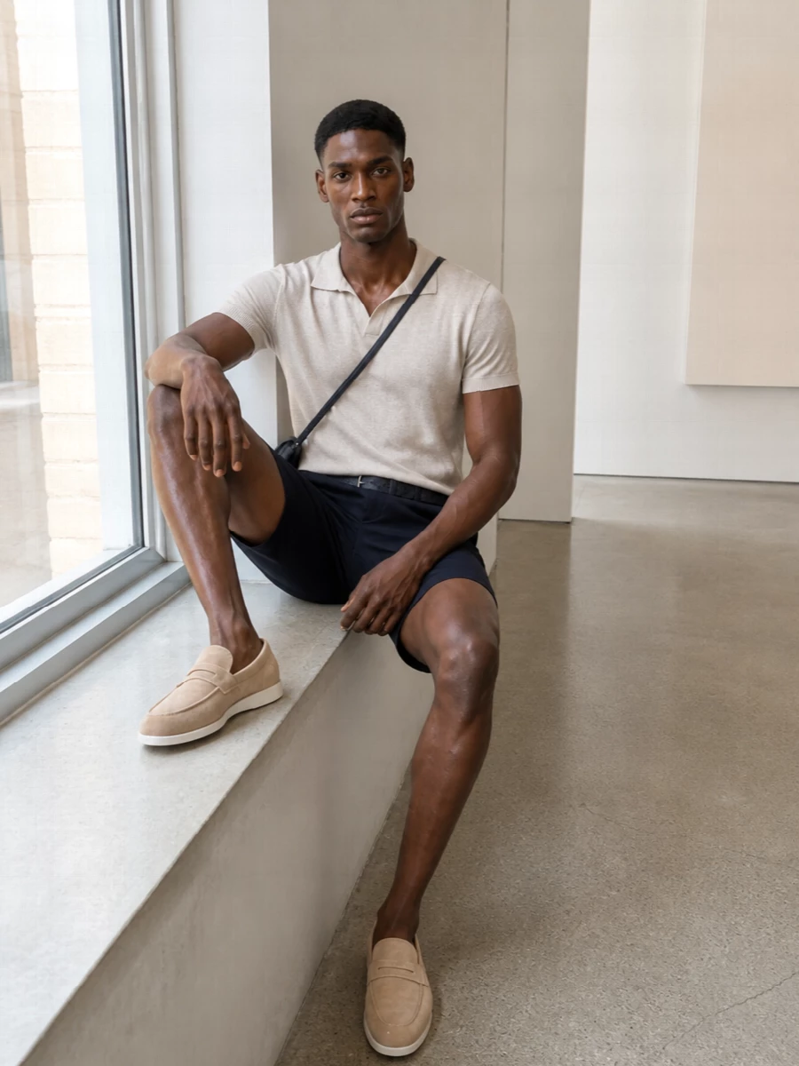 Eleventy navy chino shorts beige knit polo outfit