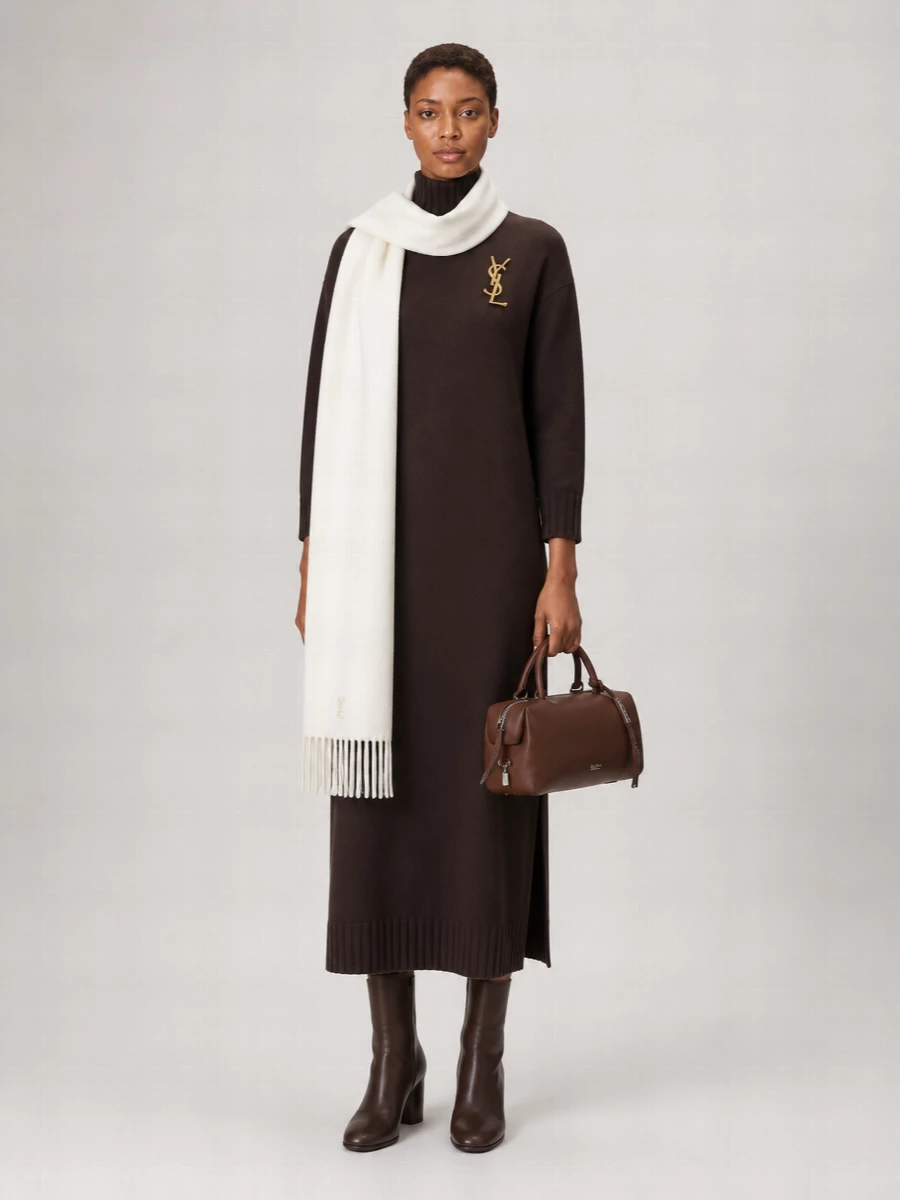 Max Mara Cashmere Wool Ribbed High Neck Midi Knitted Dress