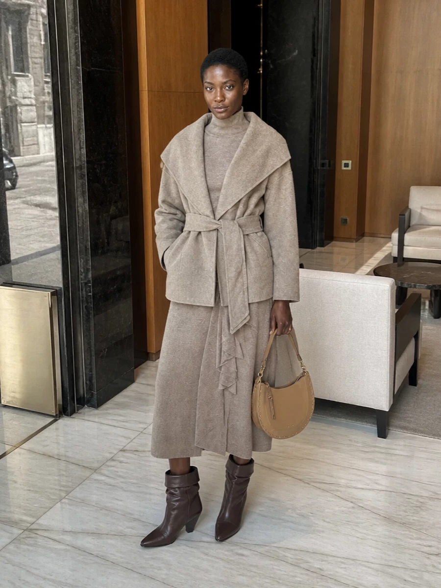Isabel marant taupe coat max mara knit dress