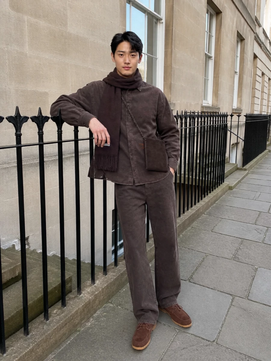 Jacquemus brown denim outfit suede sneakers