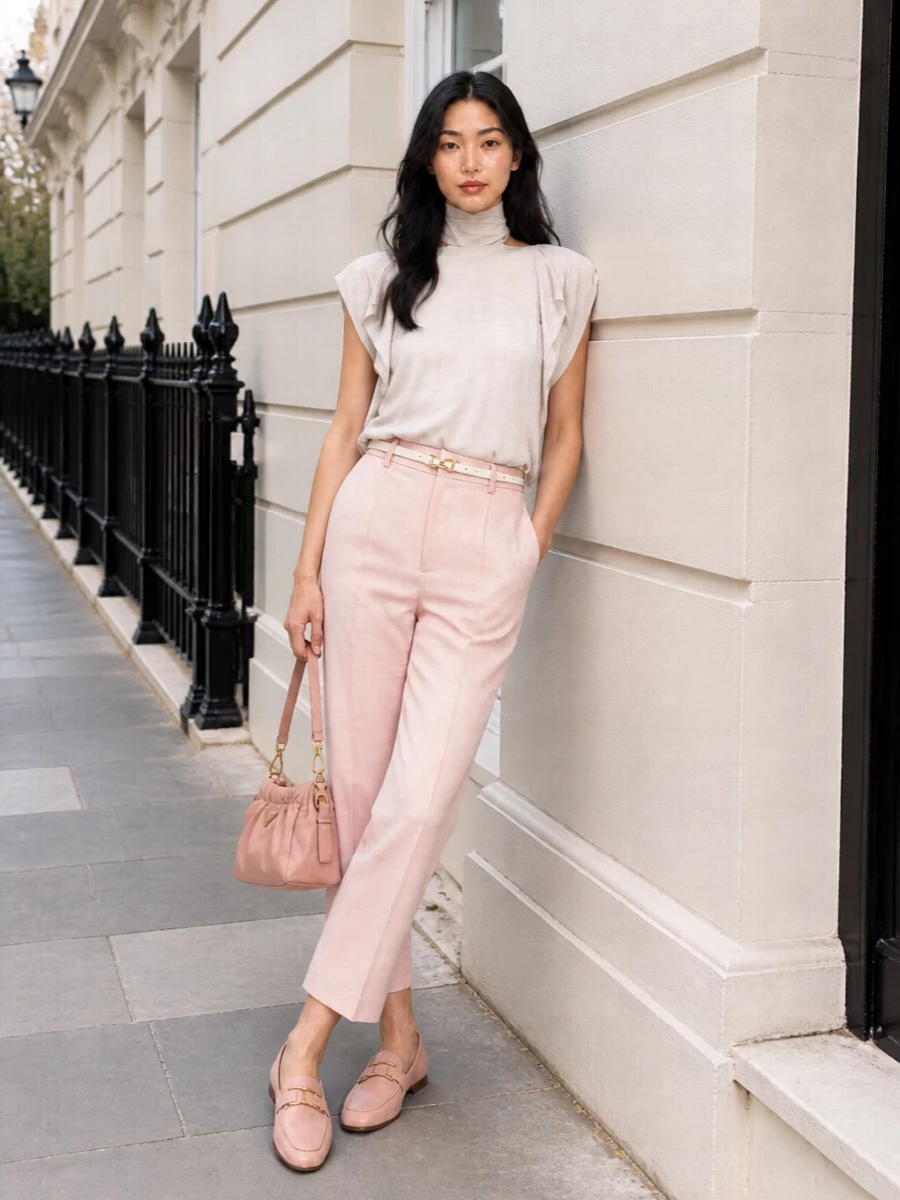 Lanvin blush trousers ivory blouse prada bag