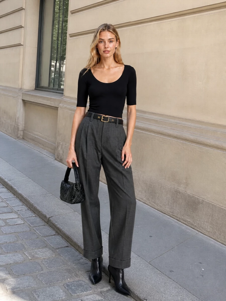 This look leans into modern suiting ease: the sculpted black ribbed tee is grounded by softly structured charcoal Brunello Cucinelli pleated trousers for a long, effortless line. Black stiletto ankle boots and a Bottega Veneta intrecciato shoulder bag sharpen the monochrome palette, while a slim Saint Laurent belt quietly defines the waist for a polished, desk-to-dinner FW uniform.