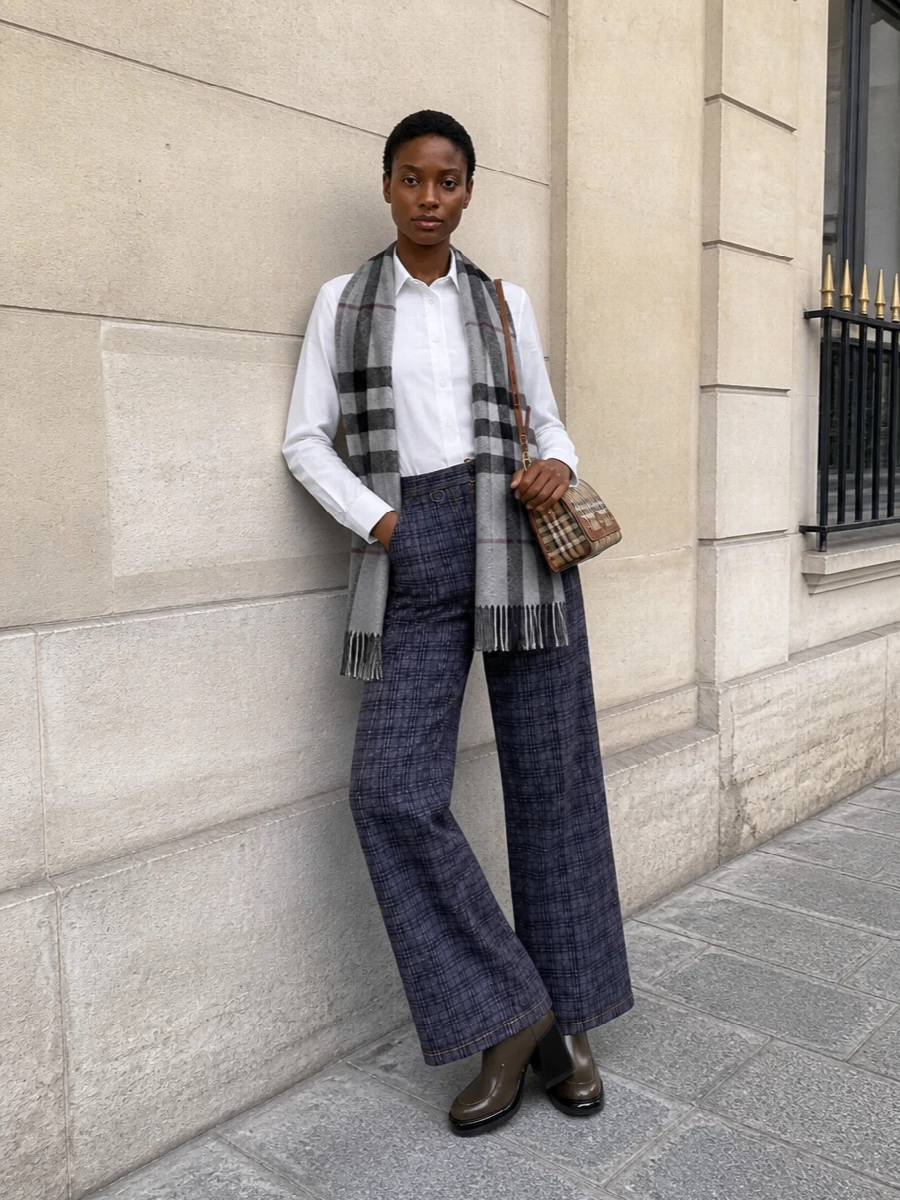 Ink-navy plaid wide-leg trousers are sharpened with a crisp white tailored shirt, creating a clean, elongated line that reads quietly luxurious rather than busy. Taupe block-heel Chelsea boots ground the silhouette with modern polish, while a small structured check shoulder bag and a soft grey check scarf add just enough Burberry heritage to keep the look elevated yet understated for FW city dressing.