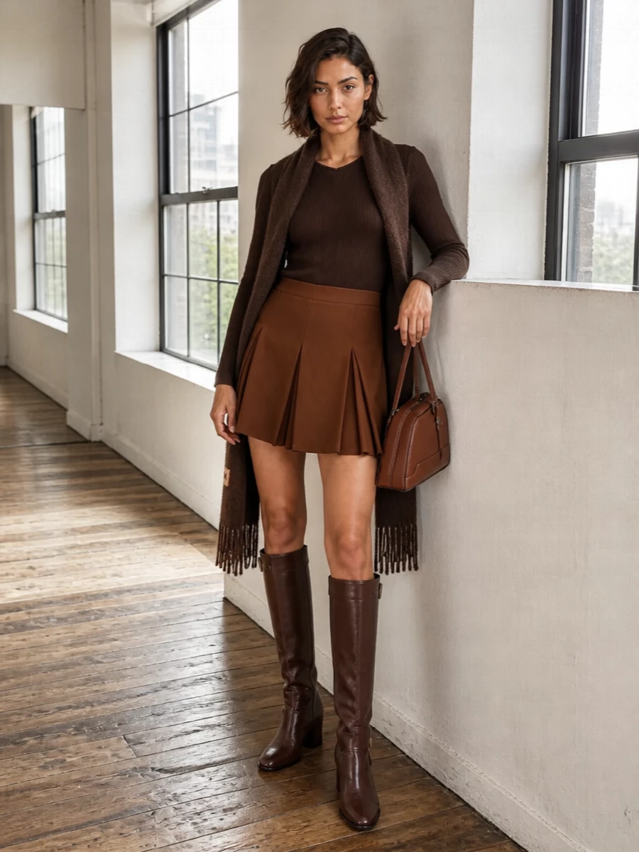 Marni mini skirt brown knit knee boots outfit