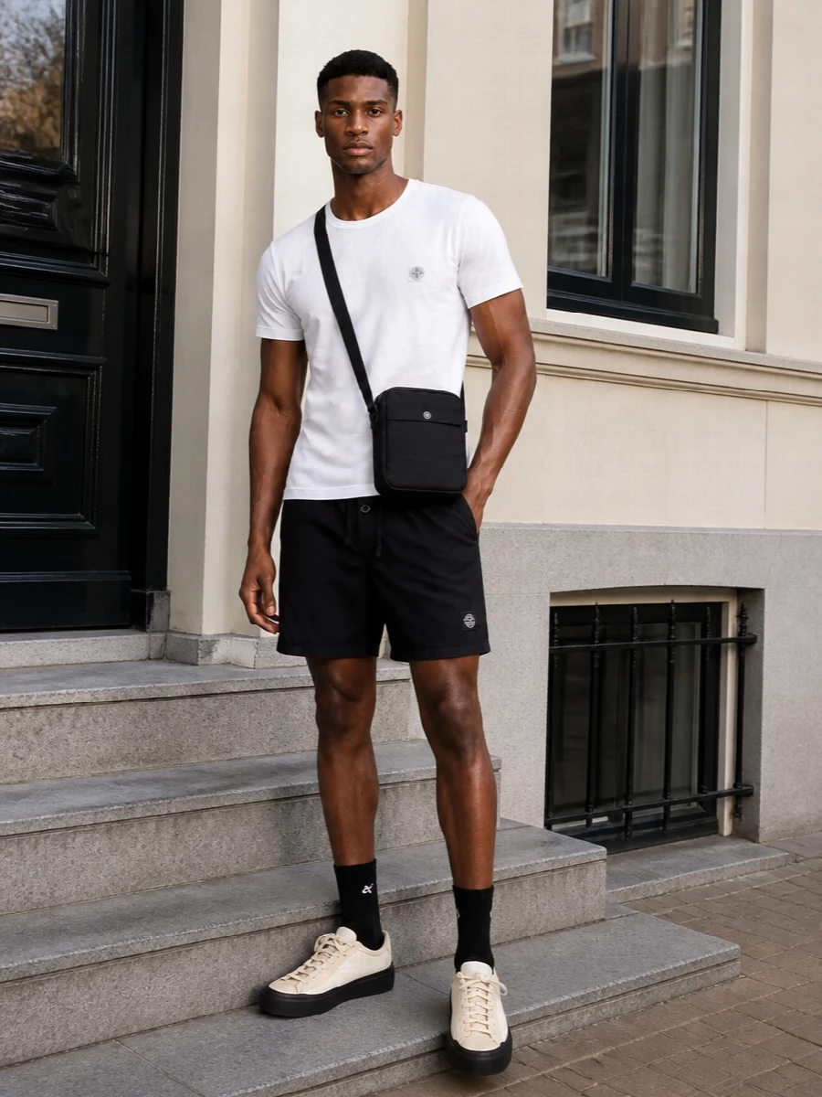 Stone island black swim shorts white tee outfit