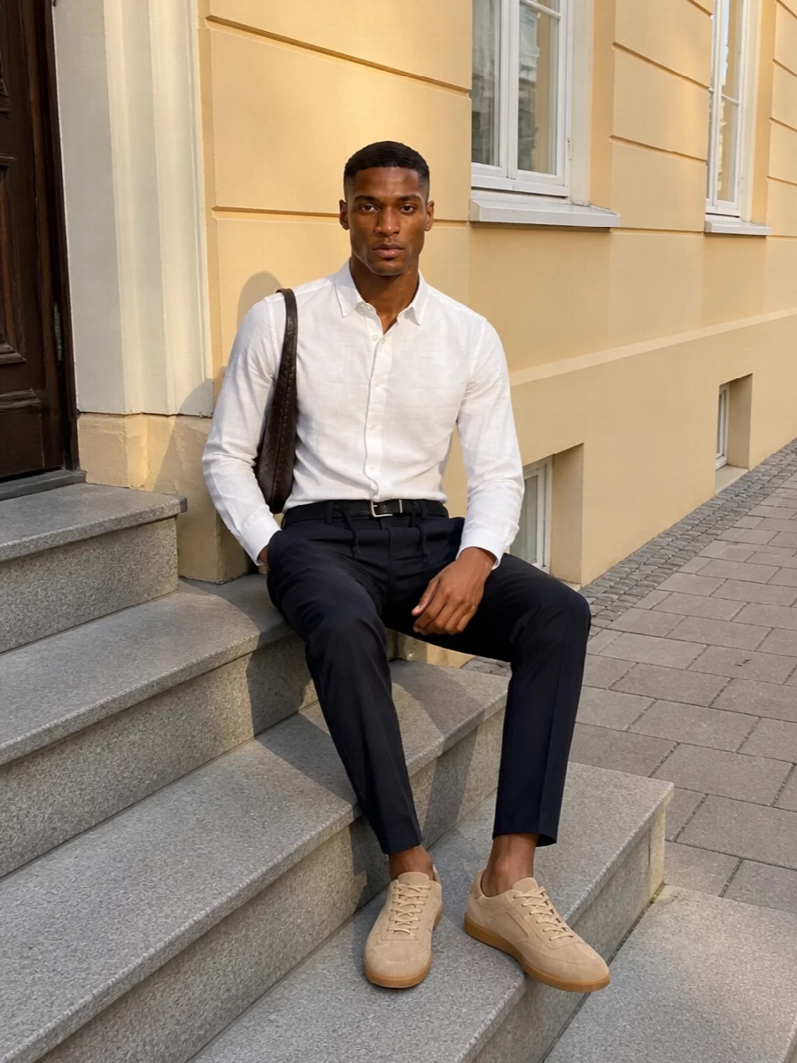 Etro navy drawstring trousers white shirt outfit