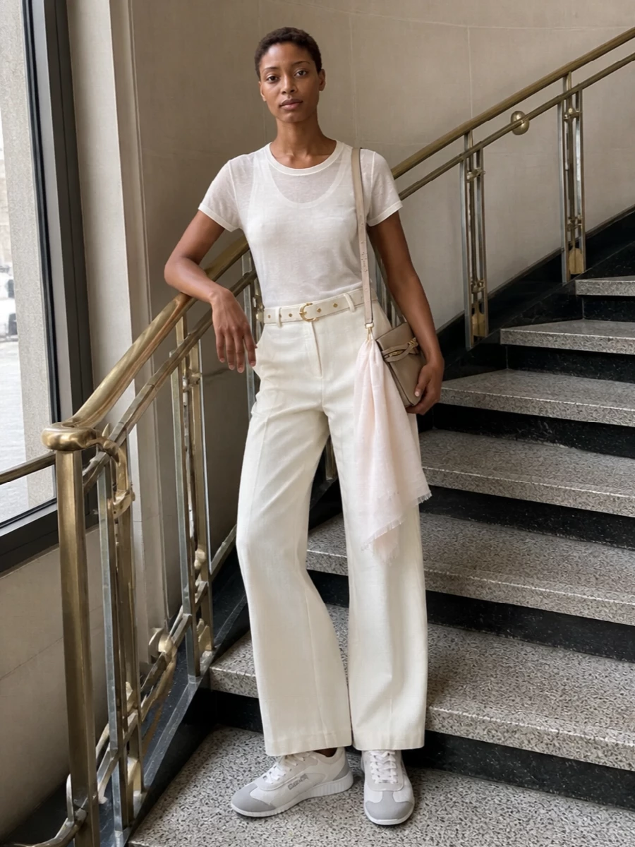 A softly structured ivory-on-ivory palette lets the sheer layered tee and wide-leg tailoring feel calm and precise rather than stark. The knit sneaker and slim beige cross-body keep it firmly in polished daytime territory, with the blush scarf adding a quiet note of warmth. It is an easy city uniform for when you want comfort, clean lines and subtle texture doing the work instead of loud color.