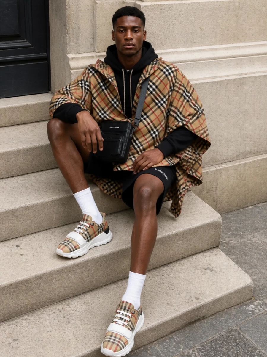 Burberry check poncho hoodie black shorts outfit