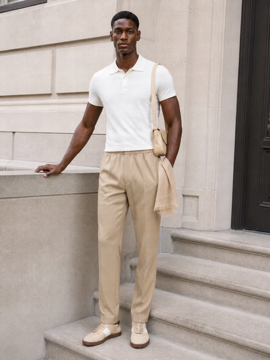 Ami sand trousers white knit polo outfit