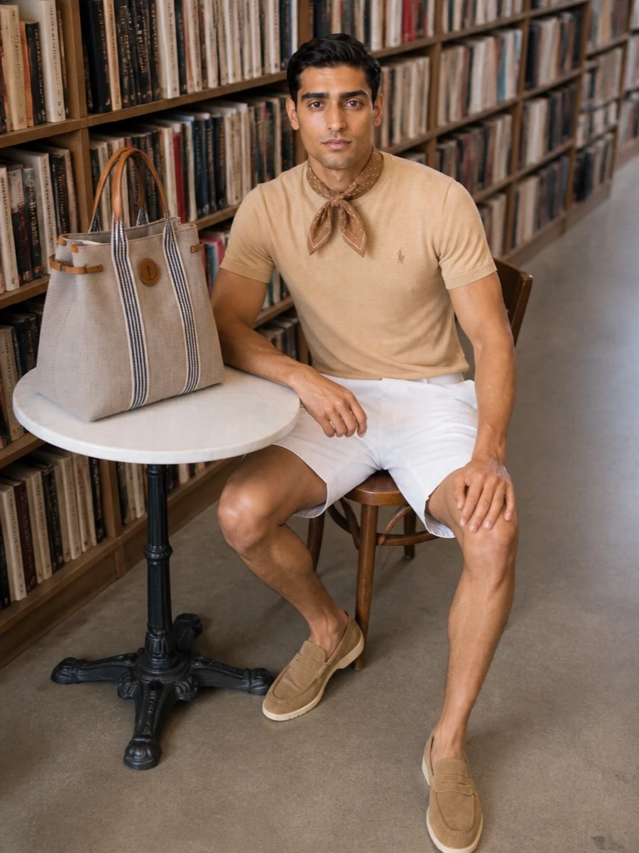 Camel and white keep this outfit calm and precise, giving the tee a slightly dressier edge against the tailored short. Suede loafers and a structured canvas tote lean into a Riviera-preppy mood that works from city terraces to coastal weekends. The camel scarf is a quiet finishing touch, either knotted at the neck or tied to the bag for a discreet repeat of colour.