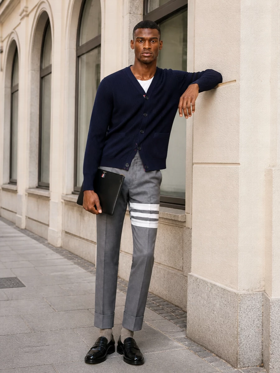 Thom browne navy cardigan grey tailored trousers