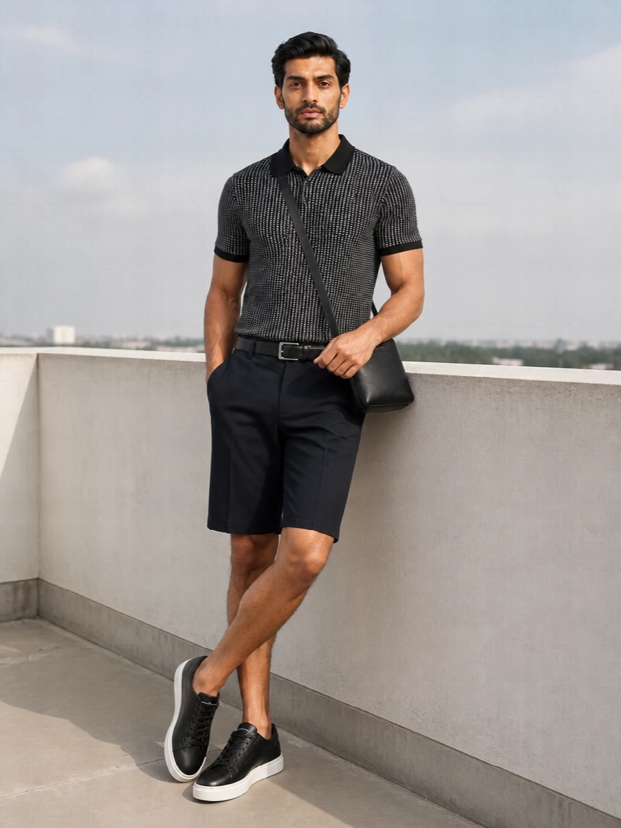 A graphic micro-pattern polo meets deep navy tailored shorts for a precise, city-ready summer outfit in a restrained black and blue palette. Black leather sneakers and a slim belt keep everything streamlined, so the texture and pattern read refined rather than busy. The crossbody adds just enough structure for days that move from errands to terrace dinners without changing pieces.