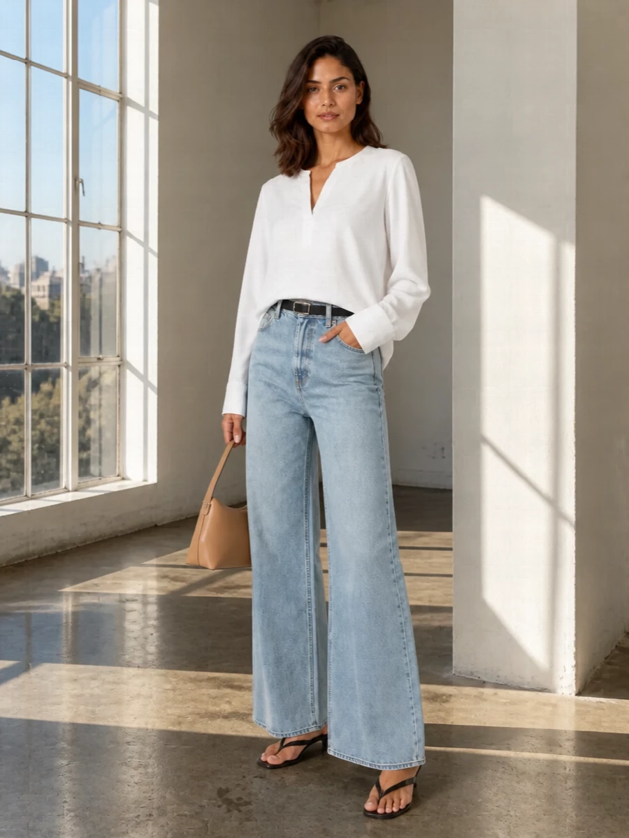 Pale wide-leg denim and a collarless white shirt set a clean, Scandinavian mood, all about line and proportion rather than overt detail. A slim black kitten-heel sandal and matching belt ground the volume with a precise, graphic edge, while the camel-nude bag warms the neutrals just enough for daytime in the city. The result is relaxed but clearly considered, ideal for warm-season days that move between casual meetings and slow evenings out.