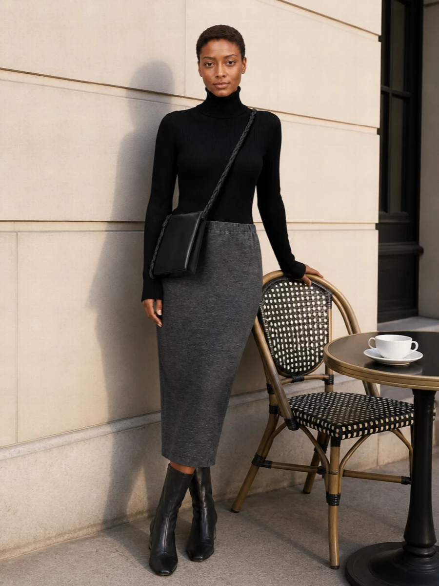 Junya watanabe skirt black turtleneck outfit