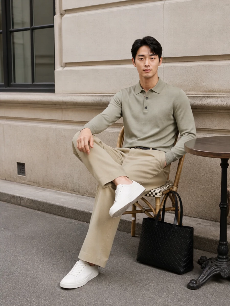 This look builds on the stone knit polo with a light-beige wide-leg trouser for a softly architectural, SS-ready take on quiet luxury. Clean white sneakers keep it relaxed and modern, while the structured black Bottega tote and a slim Burberry belt add just enough polish for office-to-weekend versatility. The result is understated, tonal and impeccably put together without ever feeling over-styled.