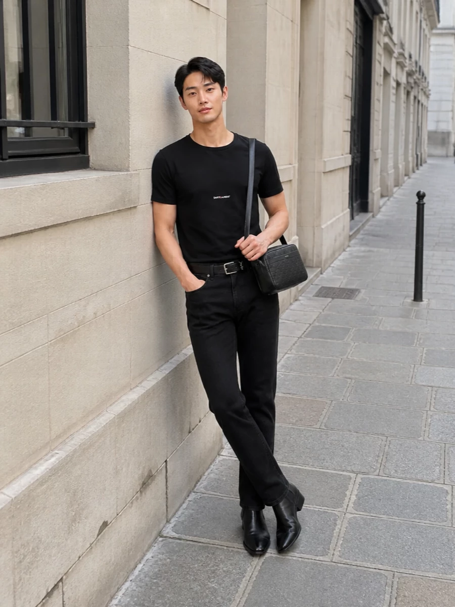 Saint laurent black logo t shirt denim outfit