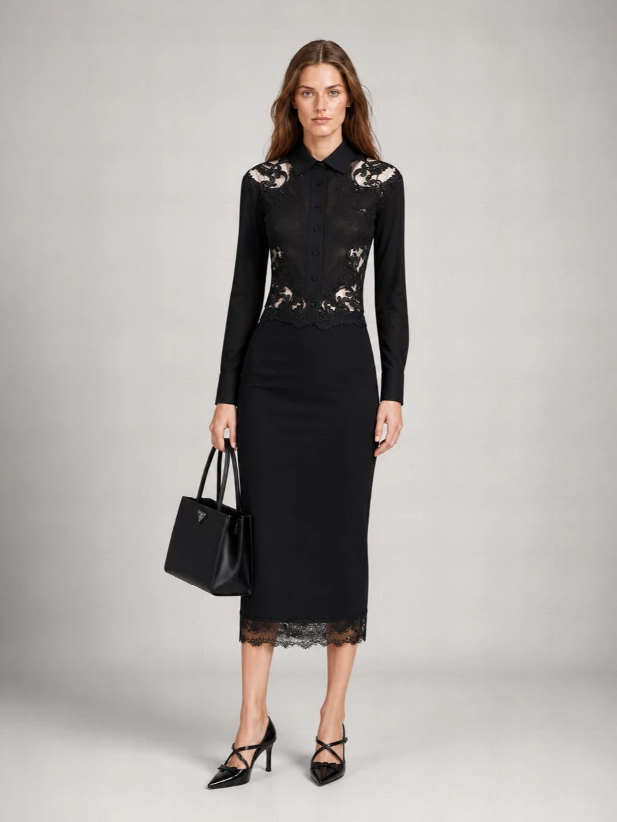 Ermanno Scervino Silk High-Rise Asymmetric Lace-Trim Midi Pencil Skirt