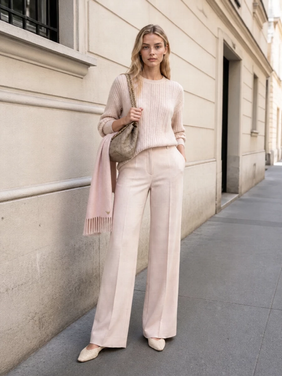 Kiton wide leg trousers bottega flats outfit