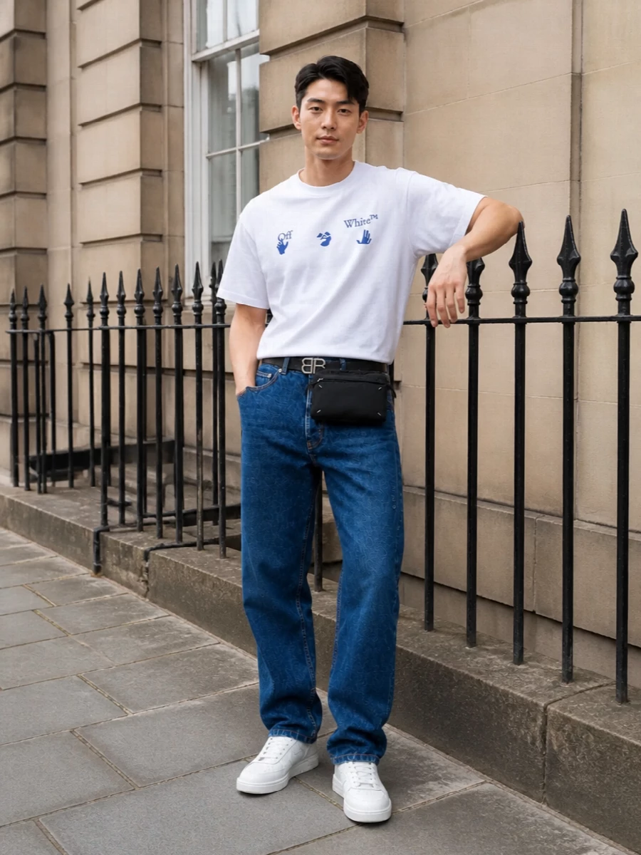 Off white jeans white tee white sneakers streetwear