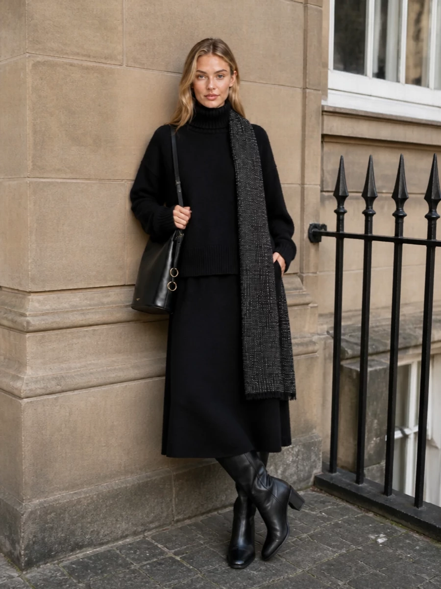 A full knit column in deep black turns the Extreme Cashmere skirt into a quiet statement, with the oversized turtleneck echoing its cocooning volume. Sleek knee-high boots and a structured bucket bag keep the lines long and clean, while a monochrome patterned scarf adds just a trace of texture. The result is relaxed but precise, ideal for city days when you want warmth and restraint in equal measure.