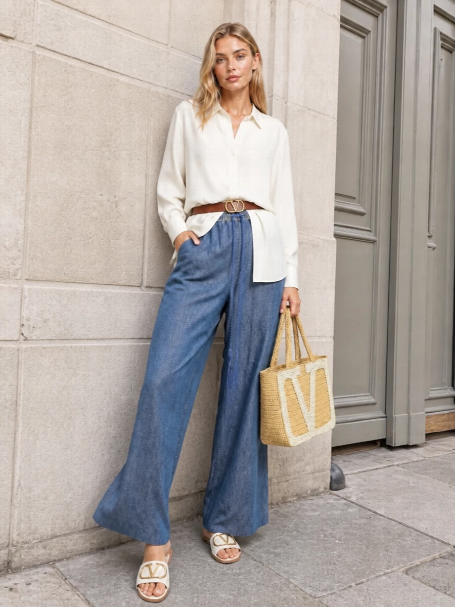Quiet luxury chambray wide leg pants outfit