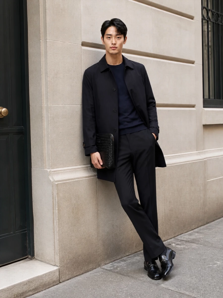 This look is a quintessential quiet-luxury city uniform: an ink-black Moorer car coat over a fine navy short-sleeve knit, anchored by midnight-navy Zegna trousers. Black Gucci loafers and a Bottega intrecciato portfolio complete a polished, SS-ready ensemble that feels impeccably refined yet understated for commutes, meetings or low-key dinners.