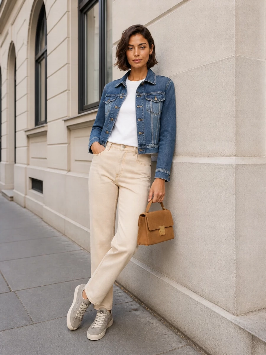 Golden goose denim jacket beige jeans outfit