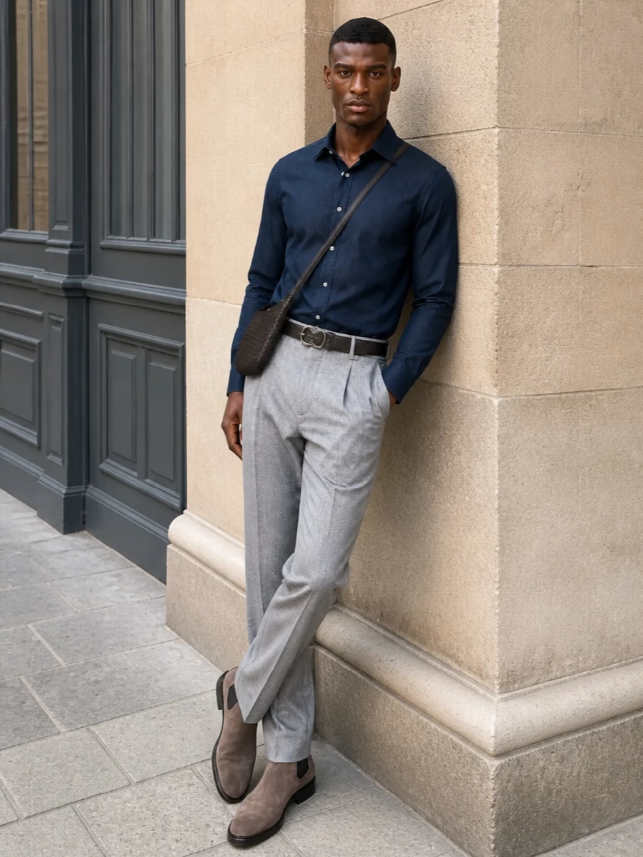 This look frames the indigo Brunello Cucinelli denim shirt with light grey pleated trousers for a smart, modern take on casual tailoring. Taupe suede Chelsea boots and a dark chocolate intrecciato crossbody keep the palette soft and cohesive, while the Ferragamo belt sharpens the waistline, resulting in a quietly luxurious FW outfit that reads relaxed yet impeccably considered.