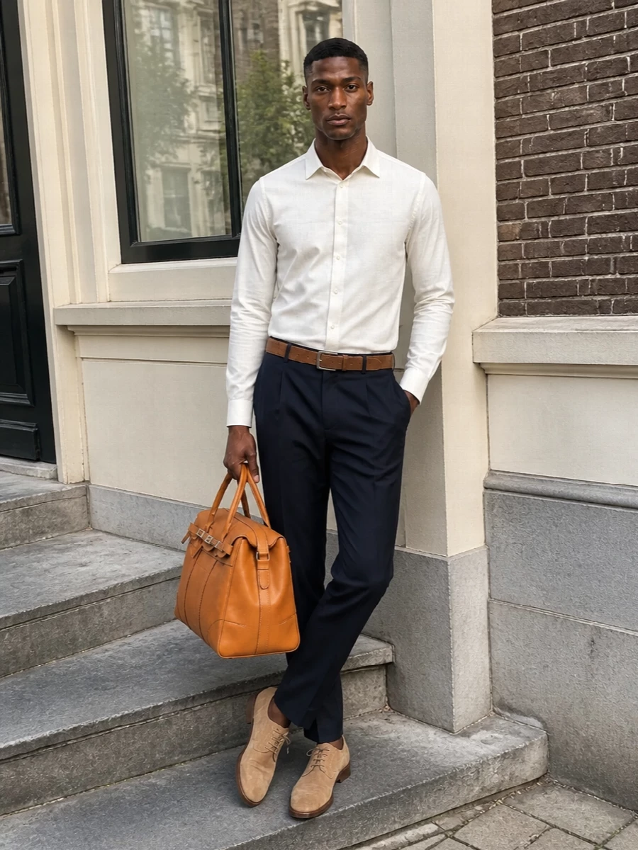 Brioni ivory shirt navy trousers suede derbies