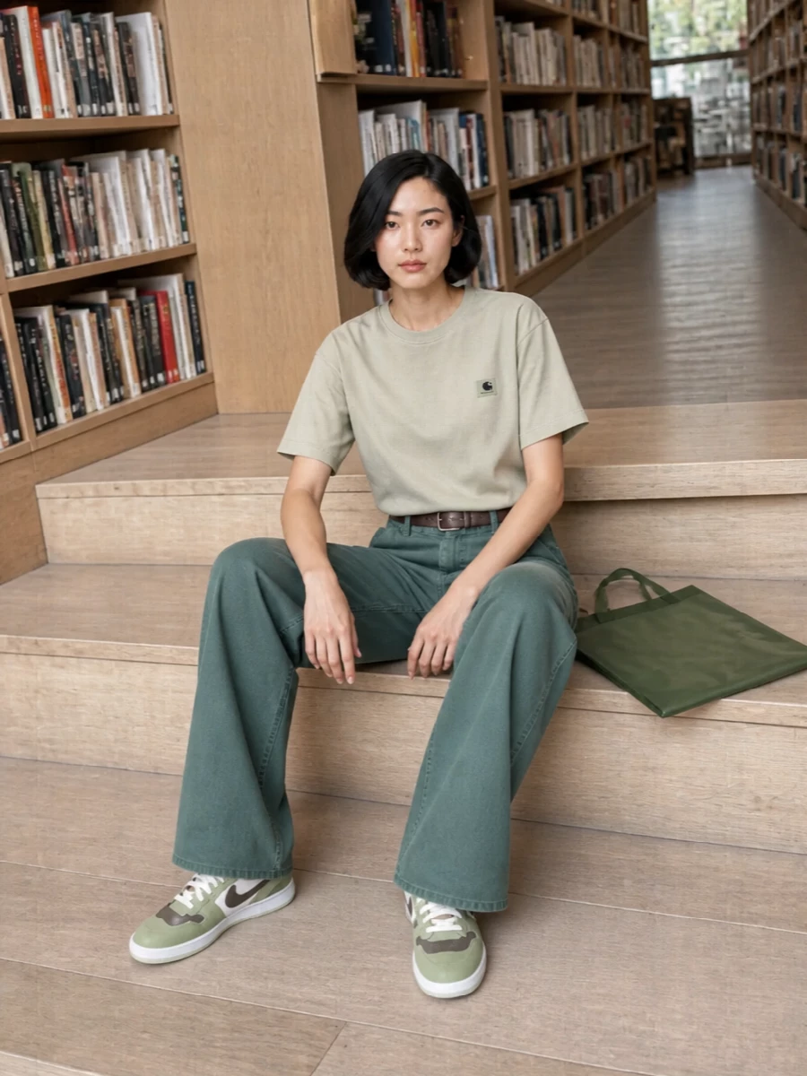 A sand Carhartt tee sits over high-rise slate green wide-legs for a clean, utility take on neutrals with a subtle color twist. Sage Nike sneakers keep the palette in sync while the khaki A.P.C. tote and taupe belt bring just enough structure to feel considered but still easy for everyday wear.