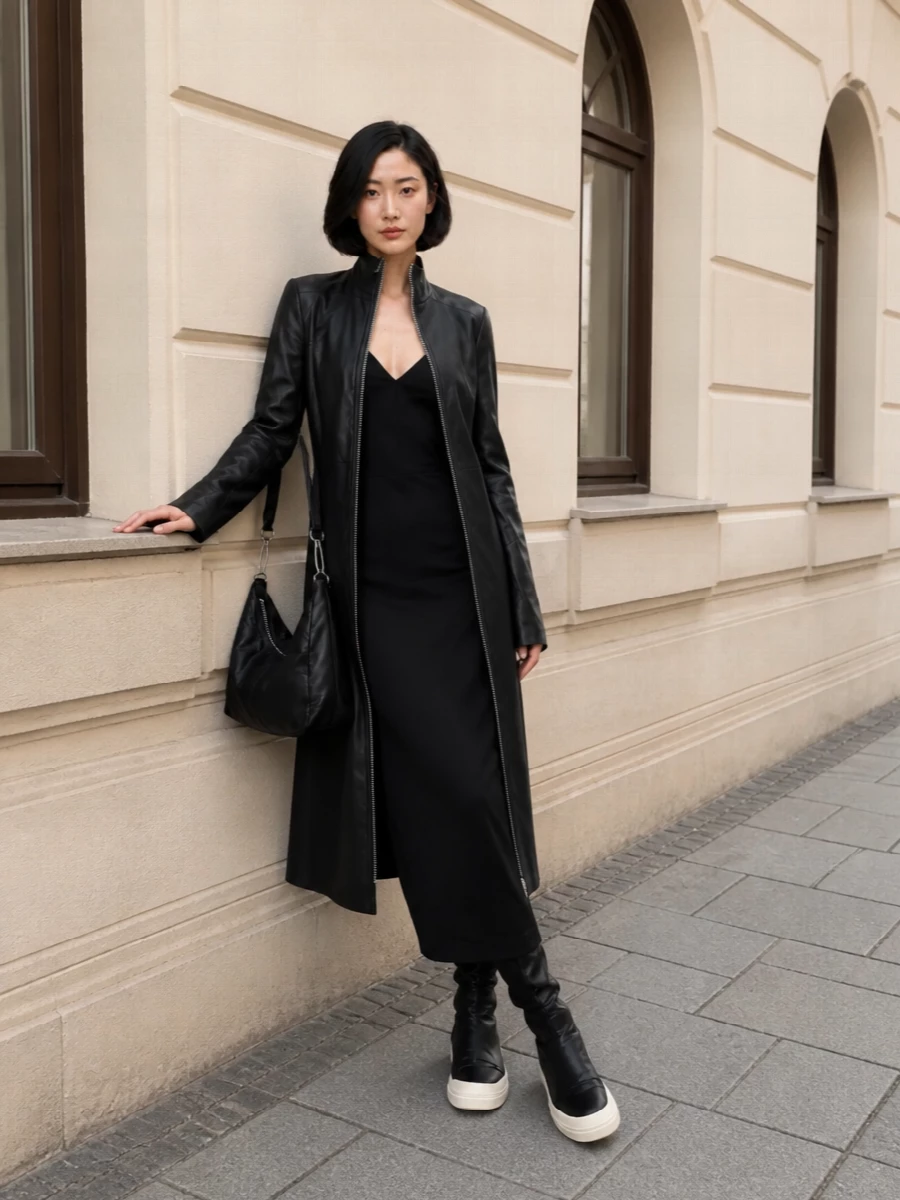 Rick owens black leather coat dress column gown