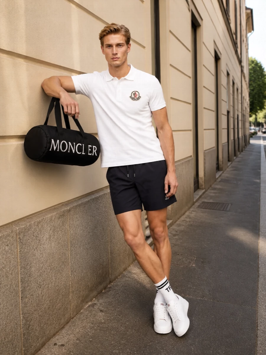 Moncler navy swim shorts white polo autry sneakers
