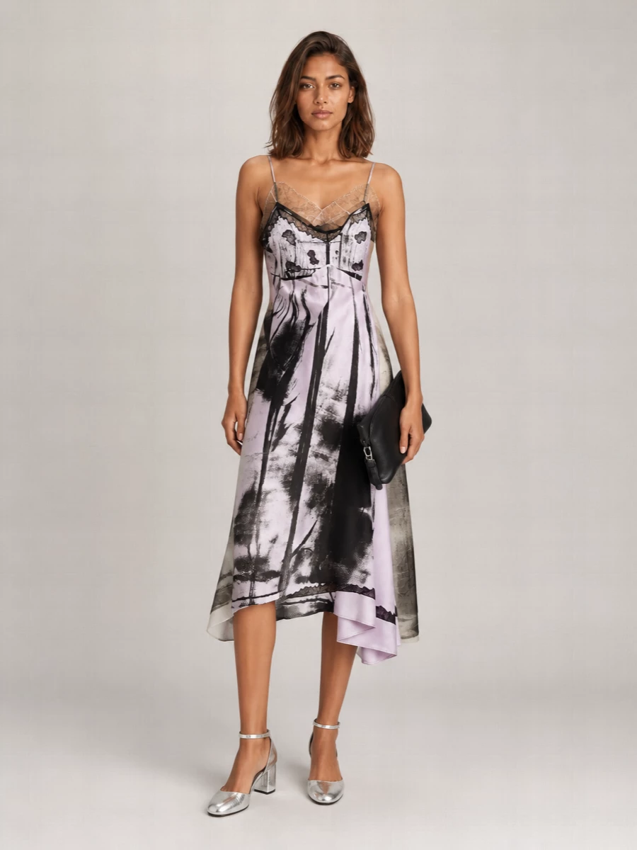 Maison Margiela Silk Printed V-Neck Midi Dress