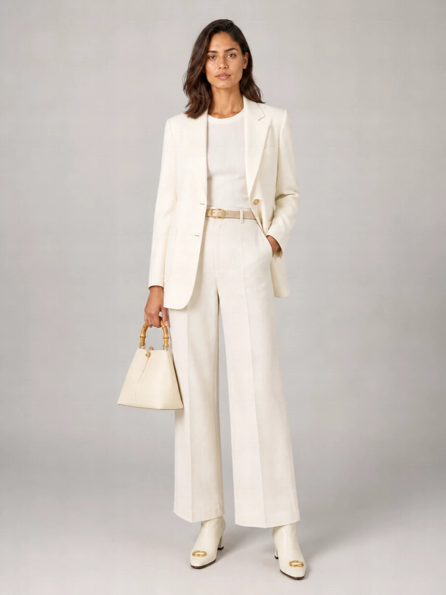 An ivory Palm Angels blazer sits over matching high-waisted wide-leg trousers to form a clean, elongated column in soft neutral light. Cream ankle boots and an ivory clutch keep the palette hushed, while a slim beige belt subtly defines the waist. The result is tailored and assured, ideal for days that move from serious meetings to quietly polished dinners.