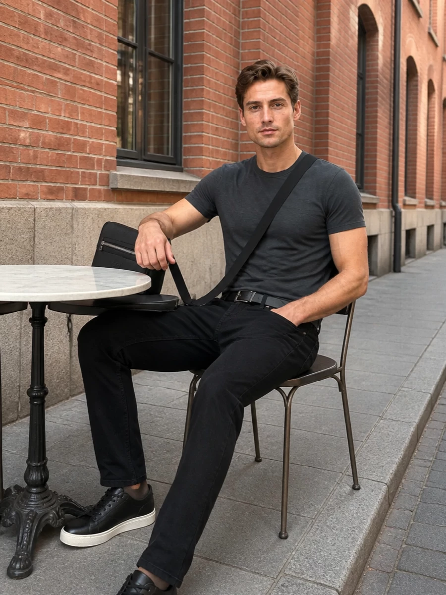 Tom ford mens charcoal tee black jeans outfit