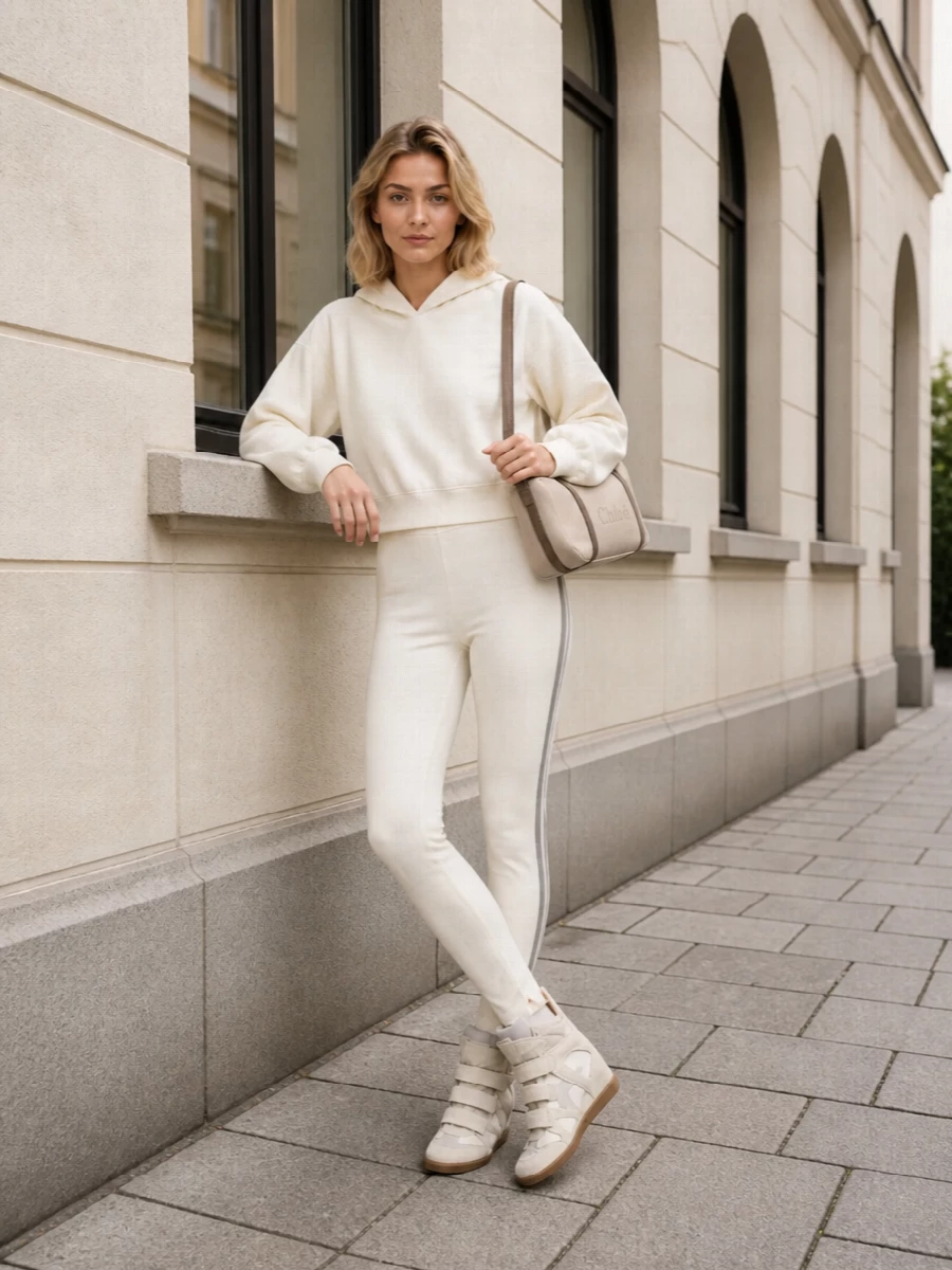 This is a clean, sport-leaning neutral set built around the Isabel Marant wedge sneakers, with the cropped ivory hoodie mirroring their casual, model-off-duty energy. Prada’s ivory stirrup leggings keep the palette tonal and the lines long and sleek so the concealed wedge feels intentional, not bulky. The compact Chloé shoulder bag finishes it with a bit of Parisian polish while staying in the same relaxed, athletic language.