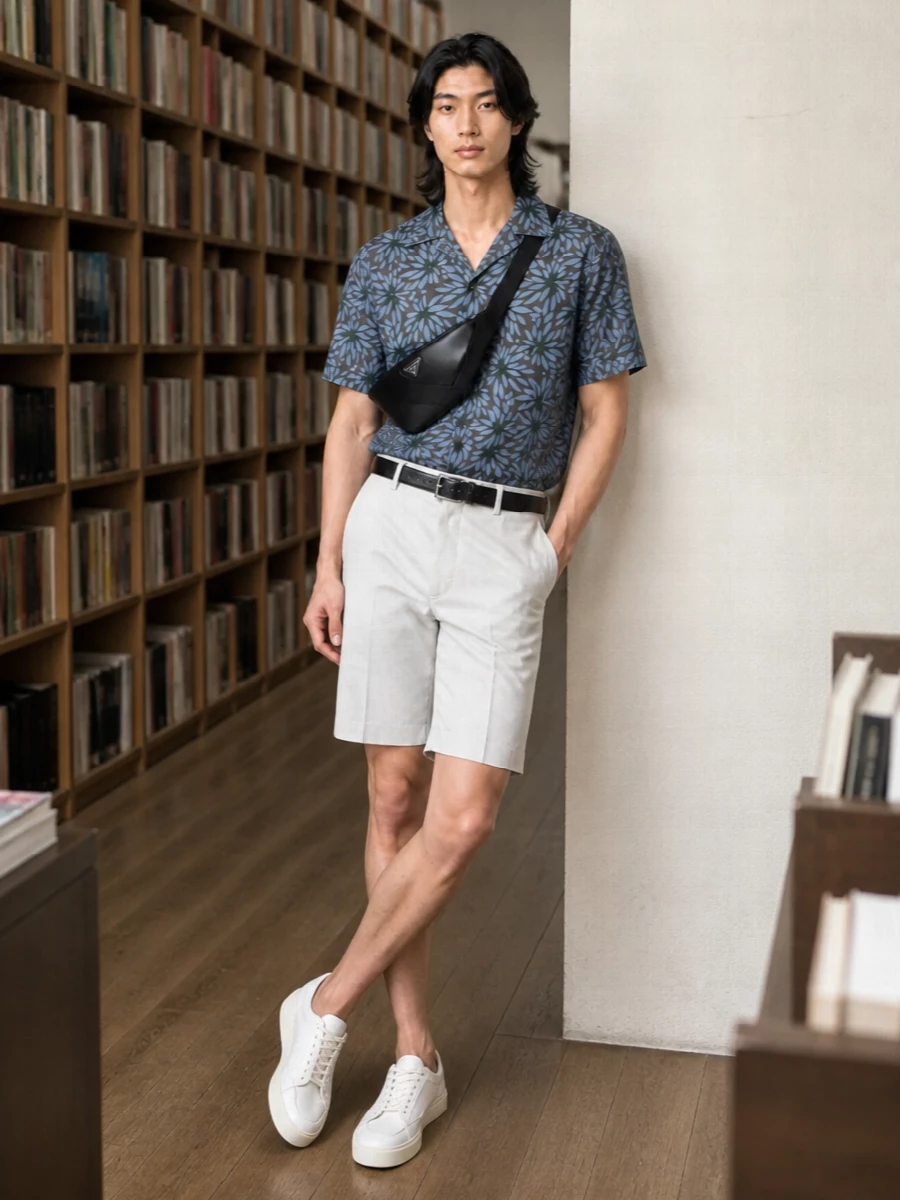 Prada camp shirt tailored shorts sneakers