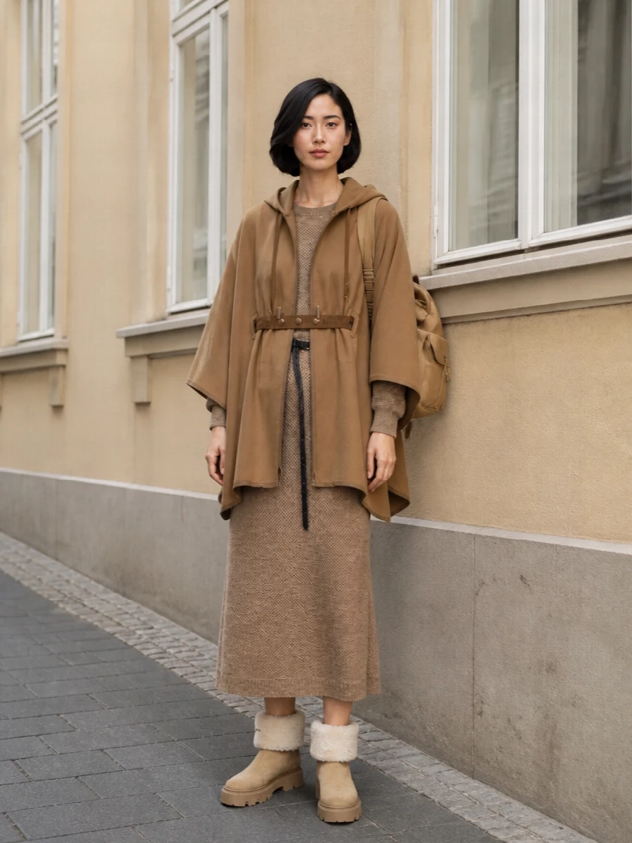 Moncler cape brunello cucinelli knit dress outfit