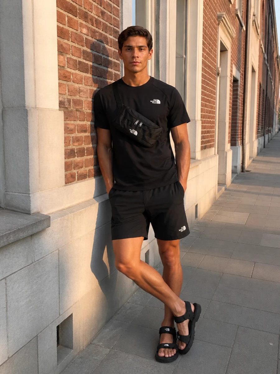 The north face black shorts sport sandals outfit